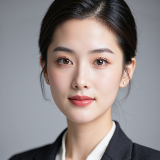 中年女性,穿深色西装外套,白色衬衫,佩戴眼镜,背景浅灰色,正面严肃表情