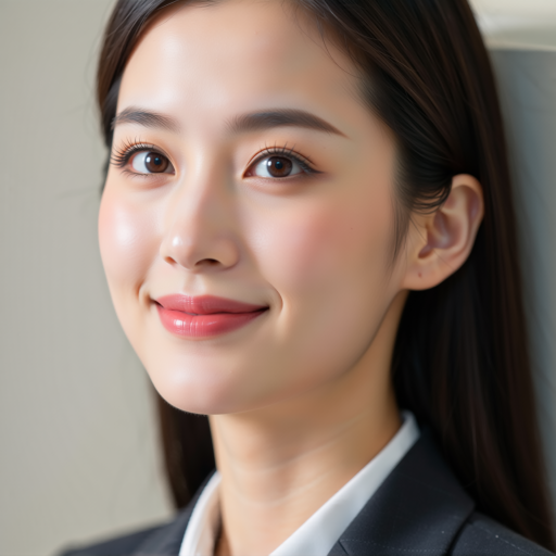 年轻女性,穿职业套装,长发,背景简洁明亮,正面微笑